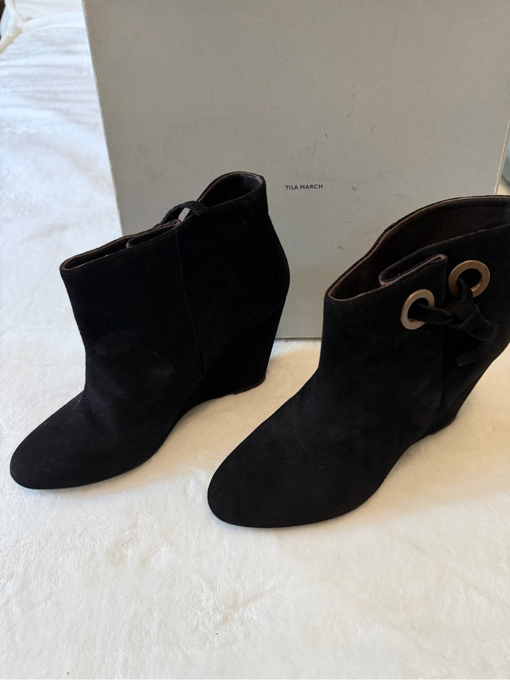 TILA MARCH Black Suede Wedge Ankle Boots